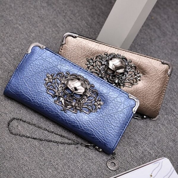 Wallet Female Clutch Coin Purse Women PU Leather Wallet Long Zipper Closed Wallets Skull Flower Design Lady Purses - Image 2