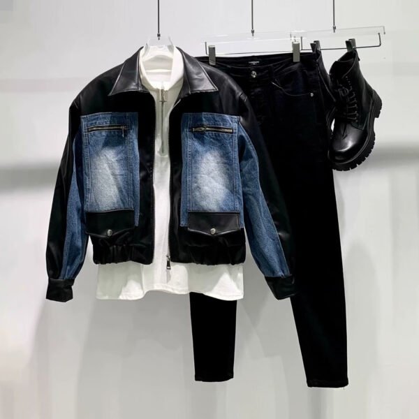 High-grade Stitching PU Leather Coat Cross-border Denim Coat - Image 2