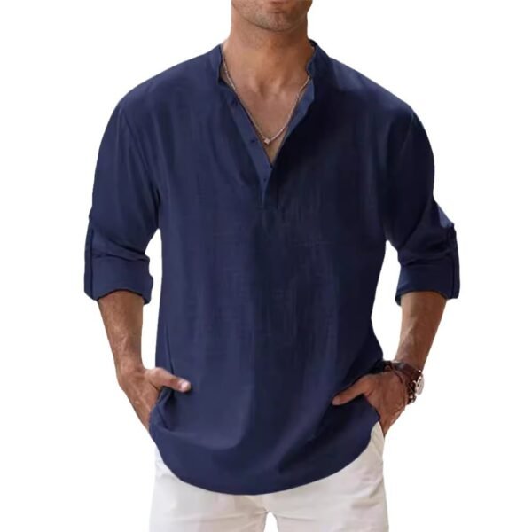 Men's Linen Stand-up Collar Long Sleeve T-shirt Loose Undershirt - Image 5
