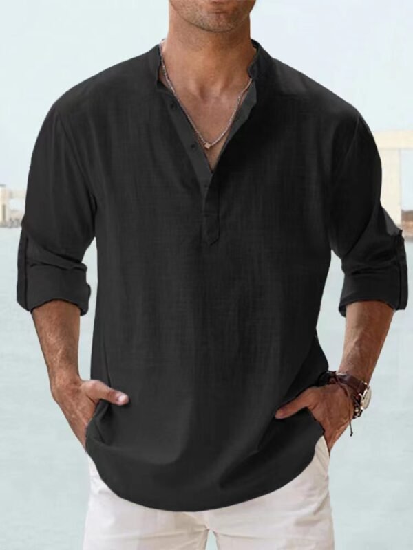 Men's Linen Stand-up Collar Long Sleeve T-shirt Loose Undershirt - Image 6