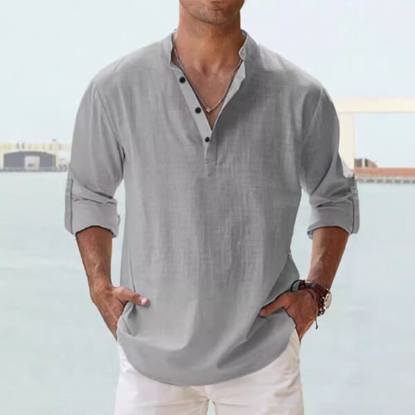 Men's Linen Stand-up Collar Long Sleeve T-shirt Loose Undershirt - Image 3