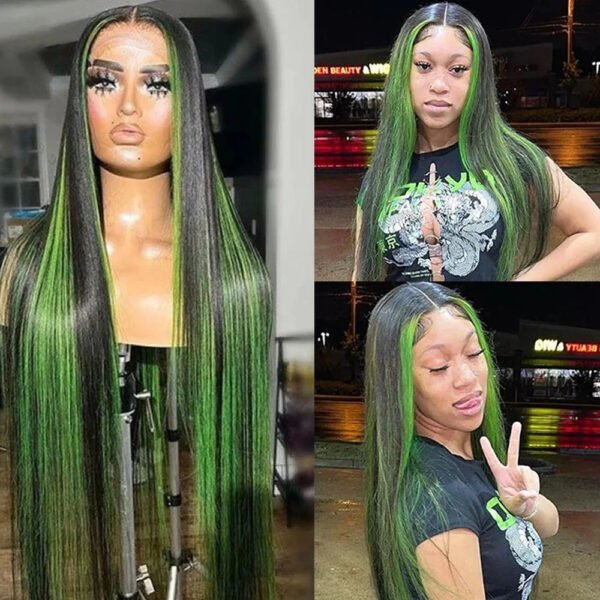 Green Highlight Straight Hair Lace Wig - Image 9