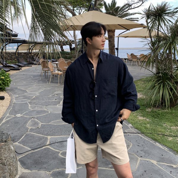 Solid Color Long Sleeve Linen Shirt Youth Shirt Coat - Image 4