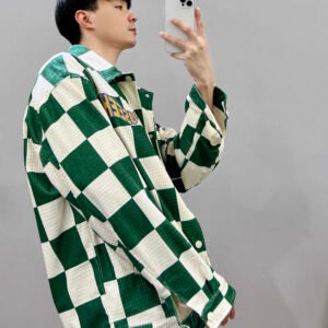 Retro Contrast Color Green Plaid Lapel Jacket Men - Image 5