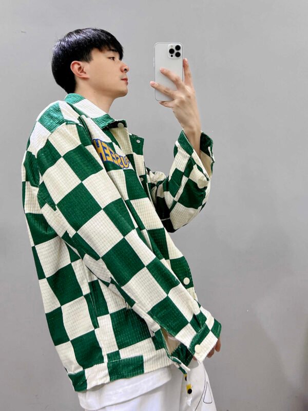 Retro Contrast Color Green Plaid Lapel Jacket Men - Image 5