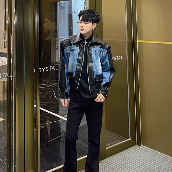 High-grade Stitching PU Leather Coat Cross-border Denim Coat - Image 3