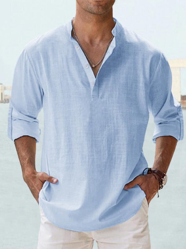 Men's Linen Stand-up Collar Long Sleeve T-shirt Loose Undershirt - Image 10