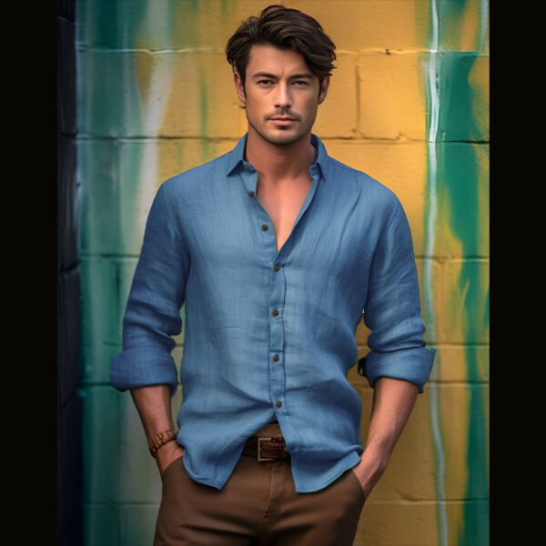 Pure Color Men's Medieval Retro Cotton And Linen Lapel Shirt - Image 9