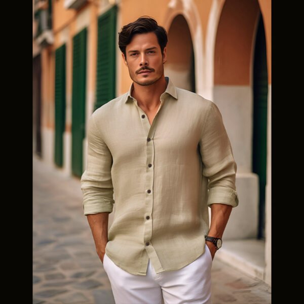 Pure Color Men's Medieval Retro Cotton And Linen Lapel Shirt - Image 7