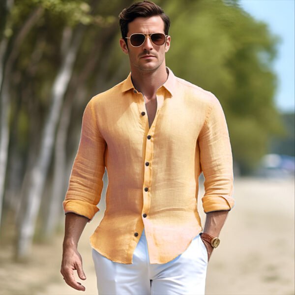 Pure Color Men's Medieval Retro Cotton And Linen Lapel Shirt - Image 8