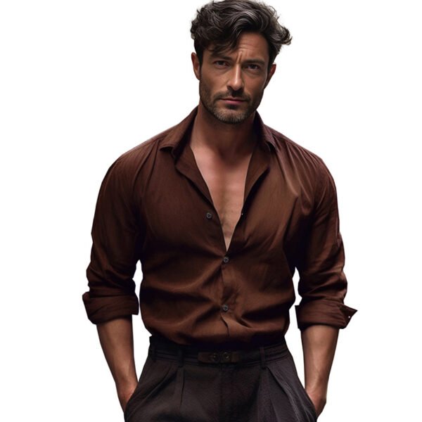 Pure Color Men's Medieval Retro Cotton And Linen Lapel Shirt - Image 3