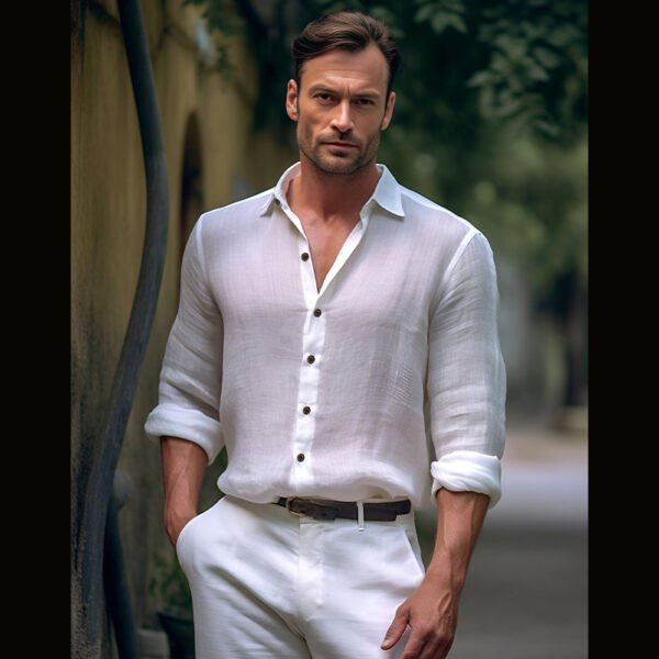 Pure Color Men's Medieval Retro Cotton And Linen Lapel Shirt - Image 5