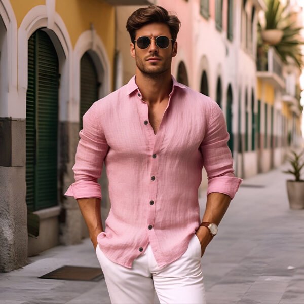 Pure Color Men's Medieval Retro Cotton And Linen Lapel Shirt