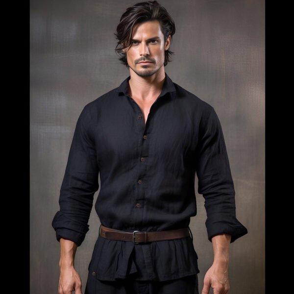Pure Color Men's Medieval Retro Cotton And Linen Lapel Shirt - Image 4