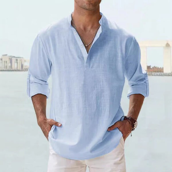 Men's Linen Stand-up Collar Long Sleeve T-shirt Loose Undershirt - Image 2