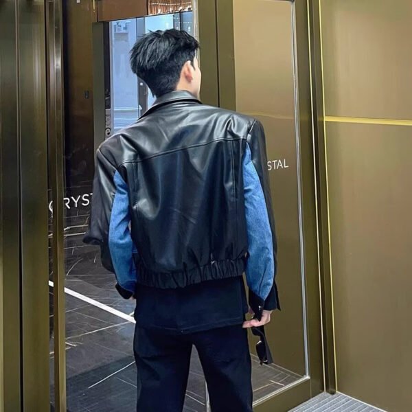 High-grade Stitching PU Leather Coat Cross-border Denim Coat - Image 4