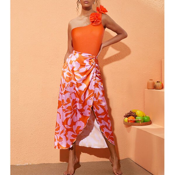 Oblique Shoulder Flower One-piece Swimsuit Suit Skirt Women's Swimsuit - Image 3