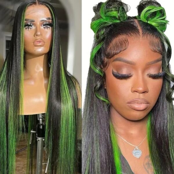 Green Highlight Straight Hair Lace Wig - Image 2