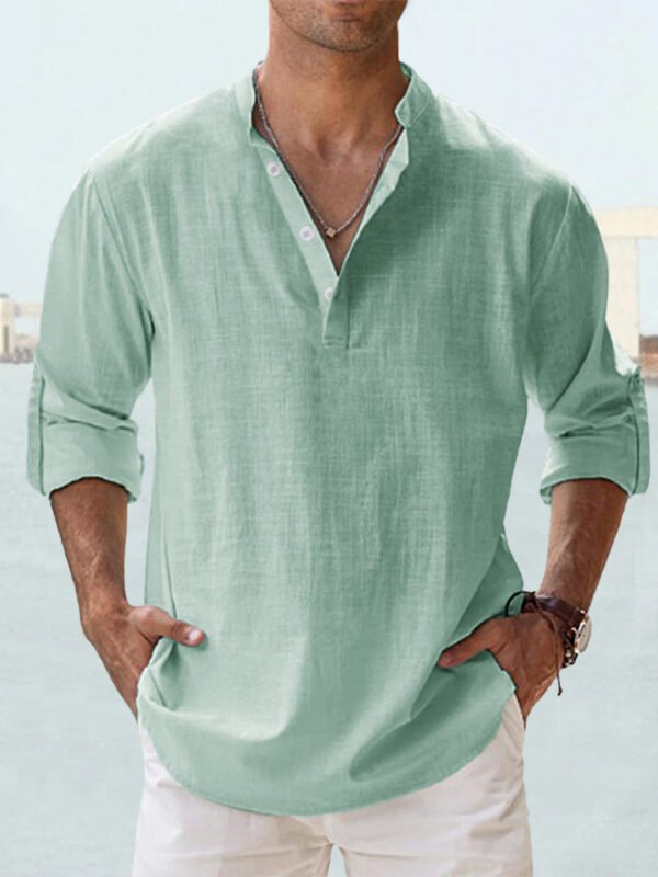 Men's Linen Stand-up Collar Long Sleeve T-shirt Loose Undershirt - Image 9