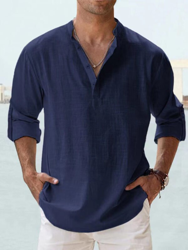 Men's Linen Stand-up Collar Long Sleeve T-shirt Loose Undershirt - Image 7