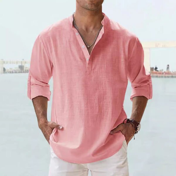 Men's Linen Stand-up Collar Long Sleeve T-shirt Loose Undershirt - Image 4