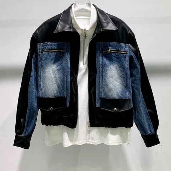 High-grade Stitching PU Leather Coat Cross-border Denim Coat - Image 5