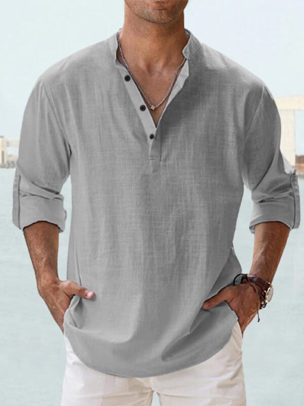 Men's Linen Stand-up Collar Long Sleeve T-shirt Loose Undershirt - Image 8
