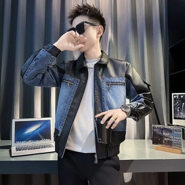 High-grade Stitching PU Leather Coat Cross-border Denim Coat - Image 6